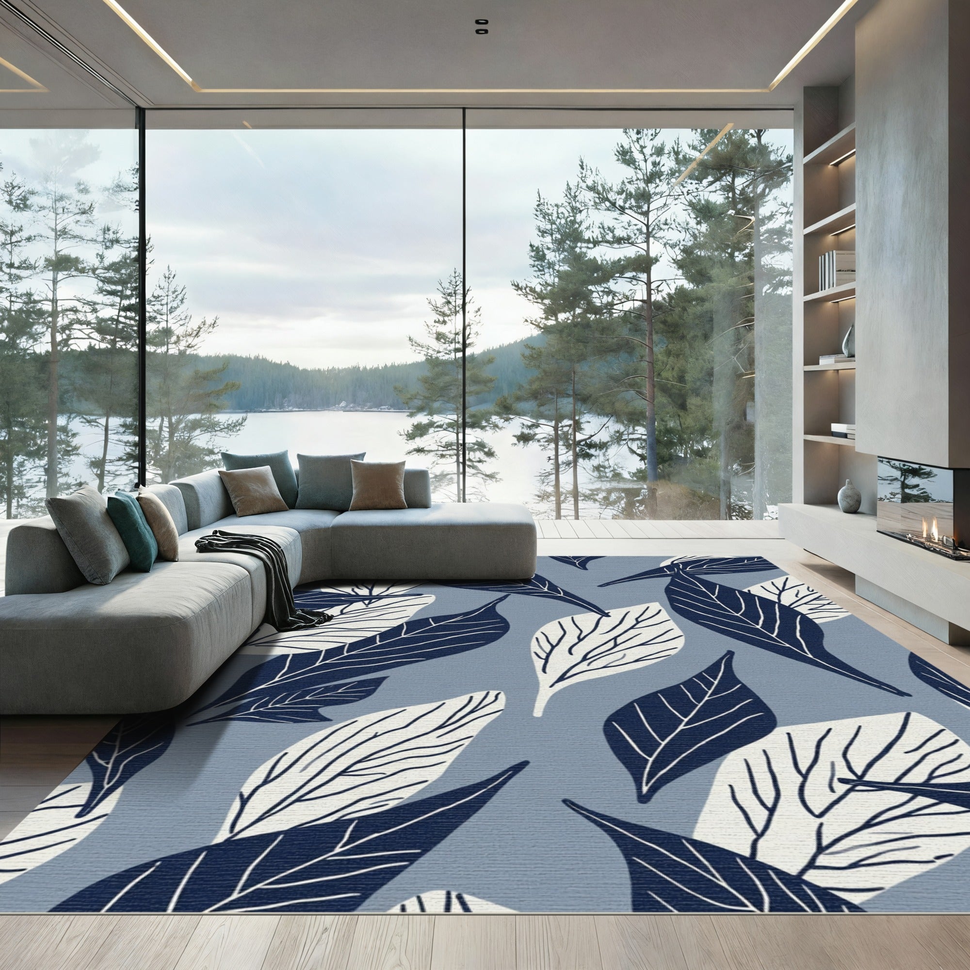 Navy Blue Cream Leafy Branches Rug
