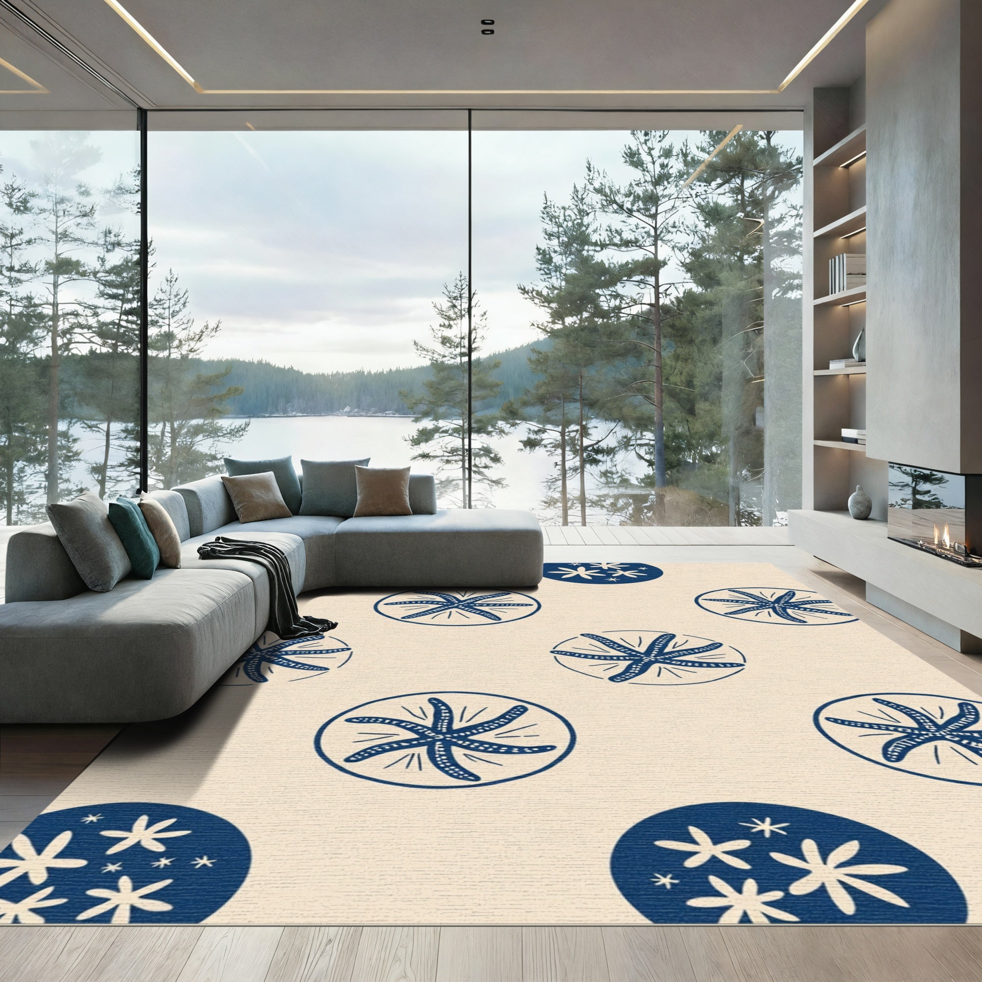 Navy Starfish Circle Pattern Rug