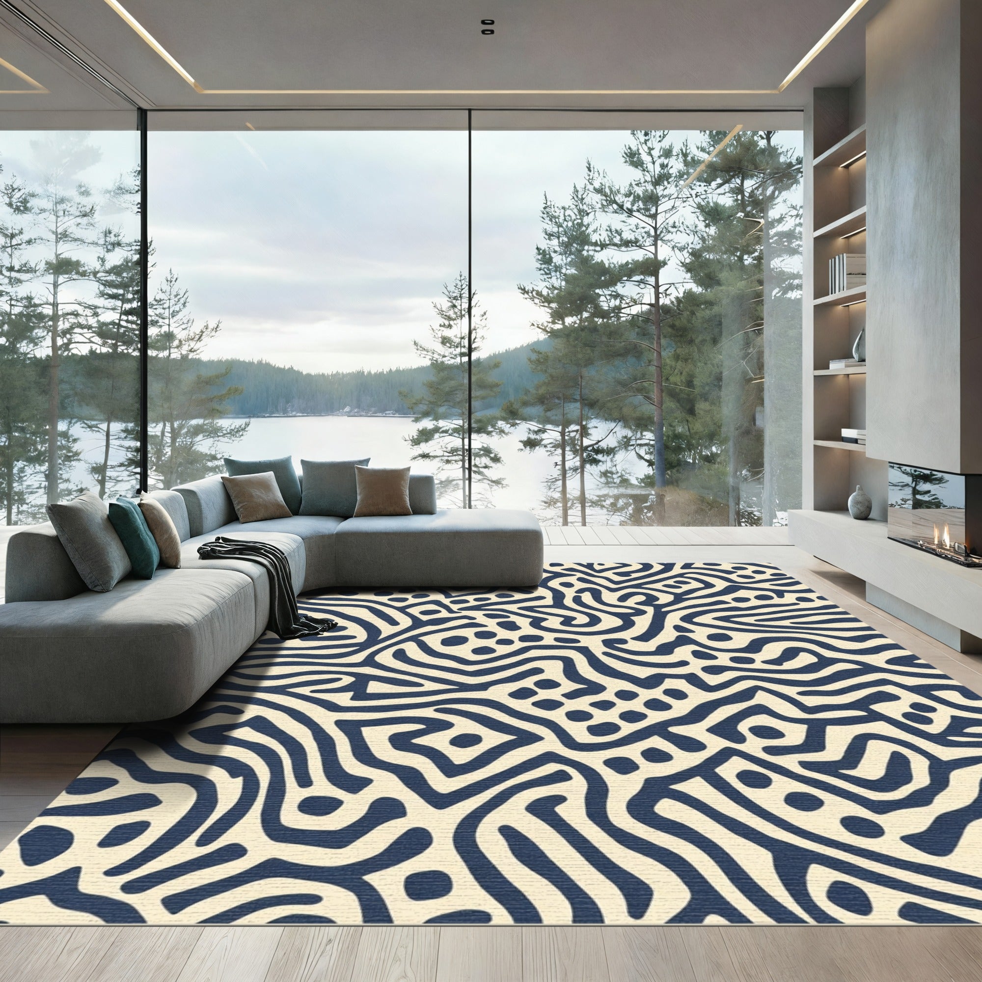 Dark Blue Abstract Organic Lines Rug
