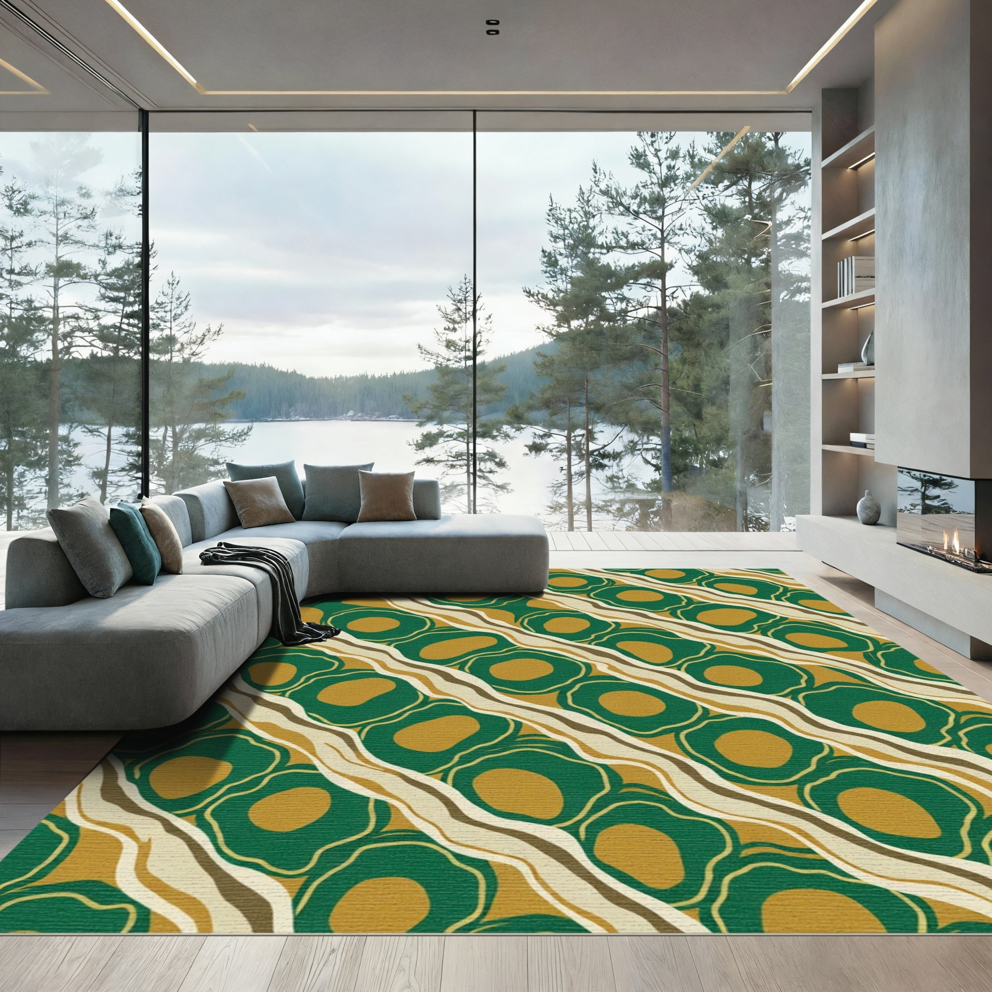 Emerald Gold Abstract Organic Waves Rug