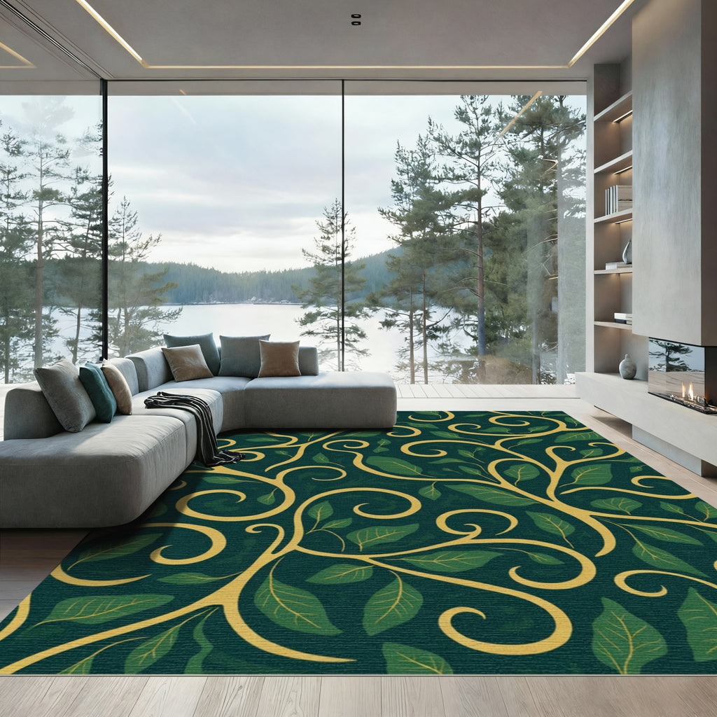 Elegant Gold Green Leaf Swirls Rug