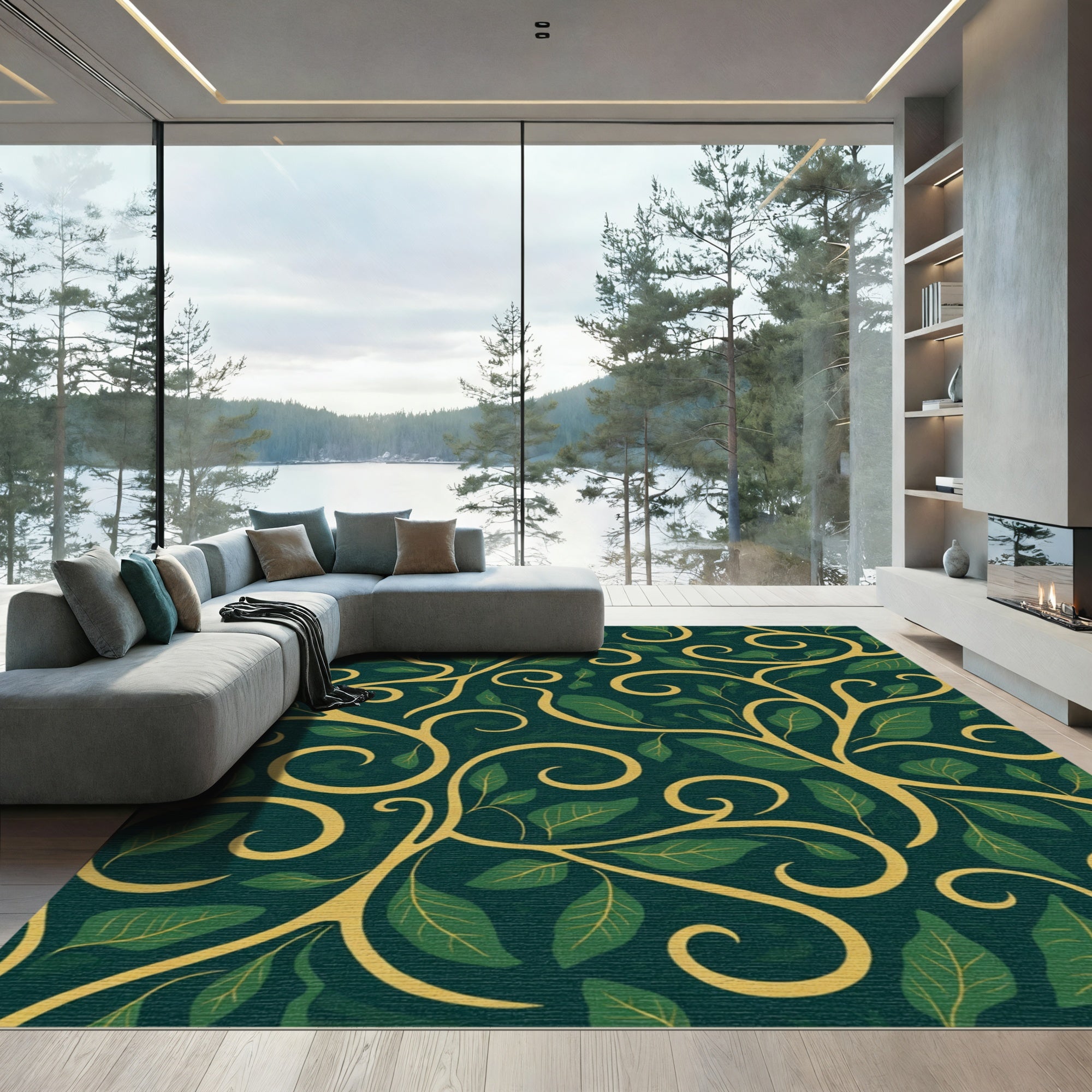 Elegant Gold Green Leaf Swirls Rug