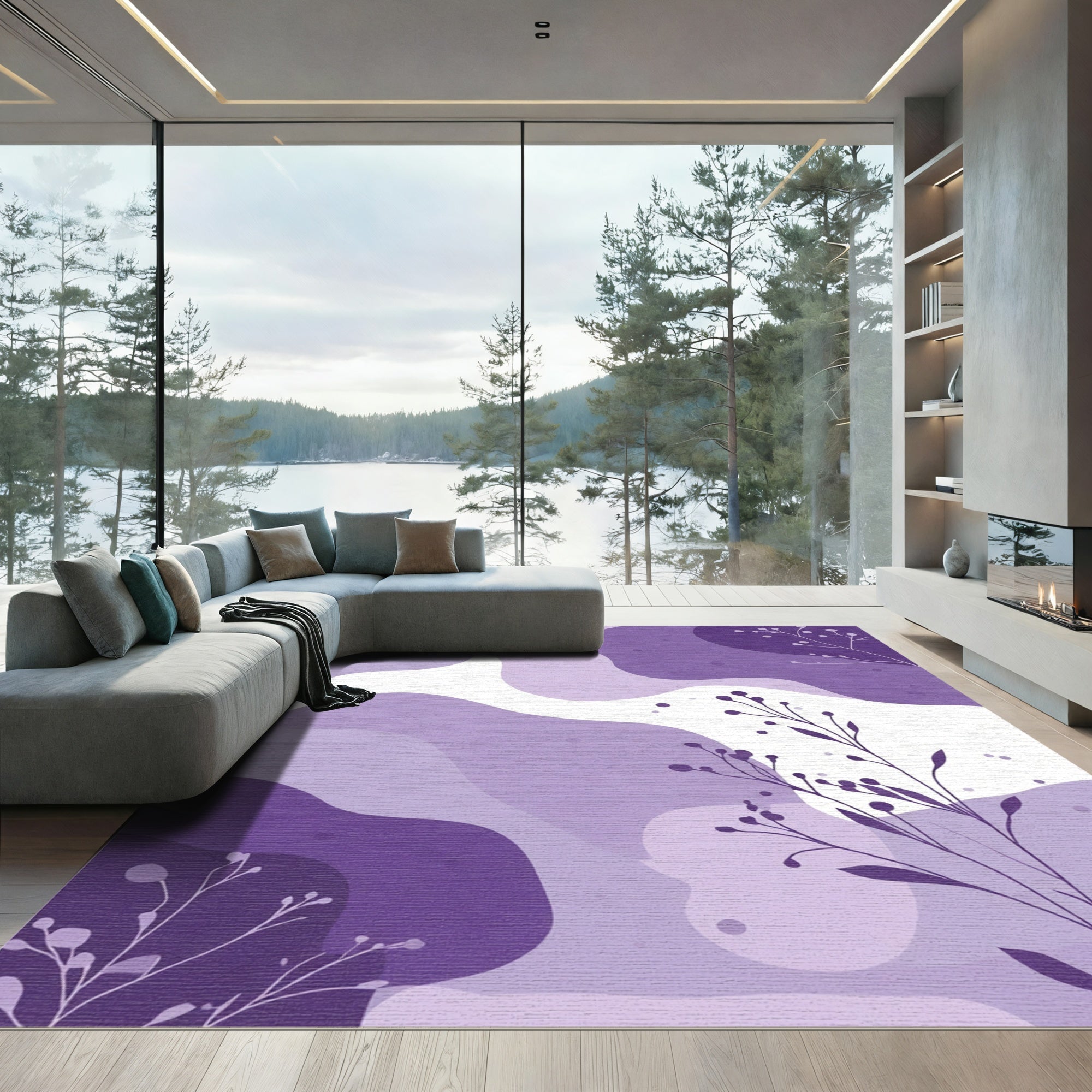Purple Abstract Splotch Botanical Branches Rug