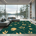 Golden Botanical Silhouette Dark Green Rug
