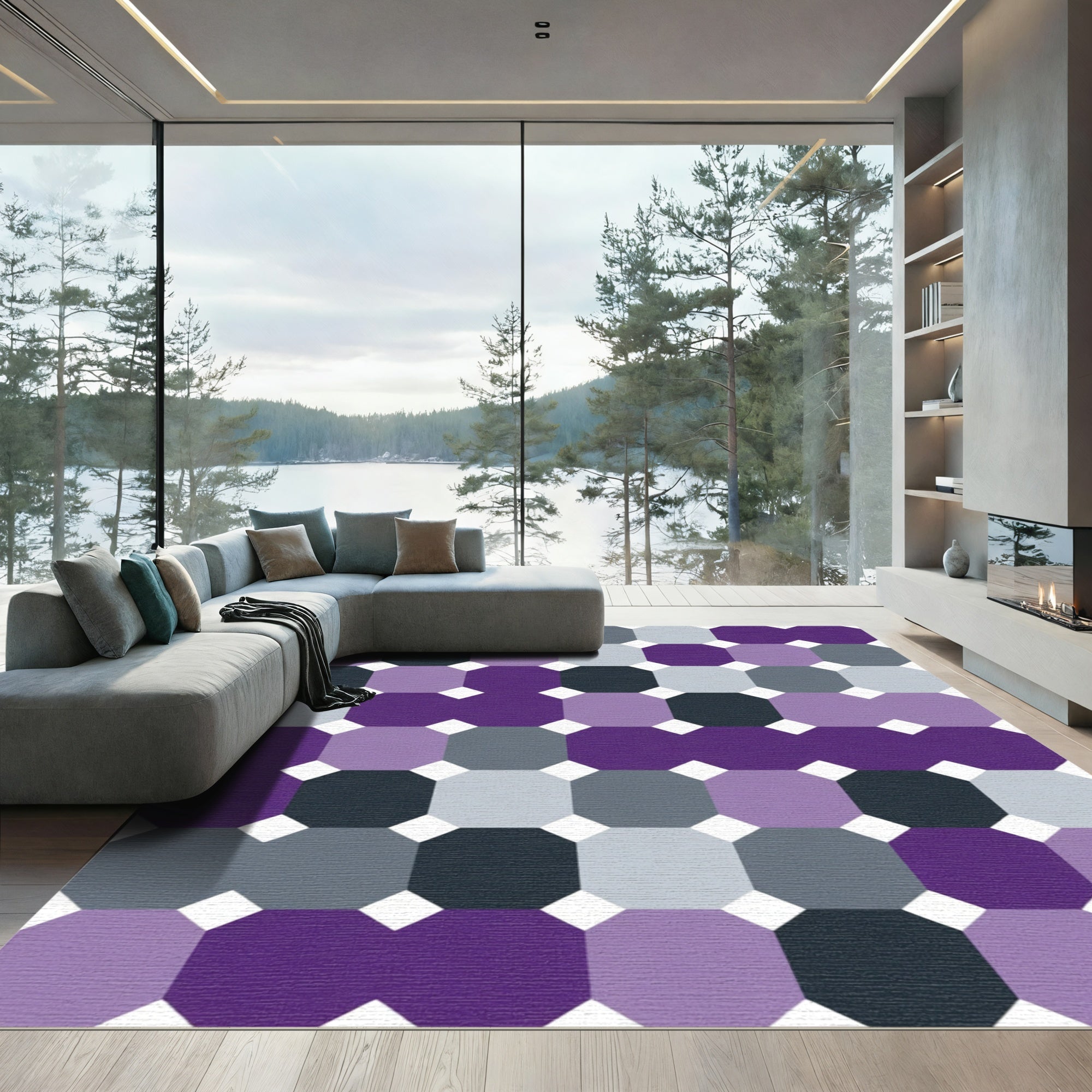 Purple Gray Octagon Grid Rug