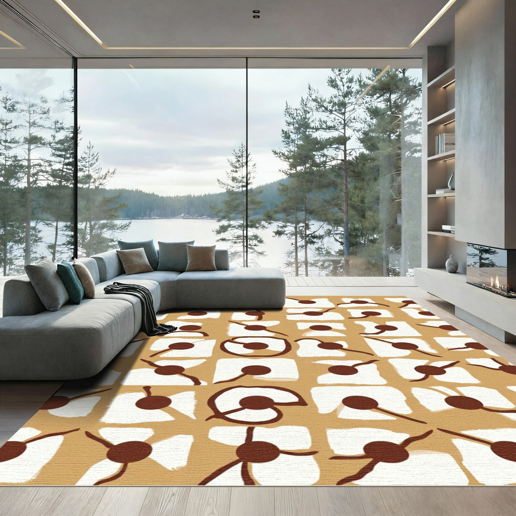 Brown and White Abstract Circles Rug