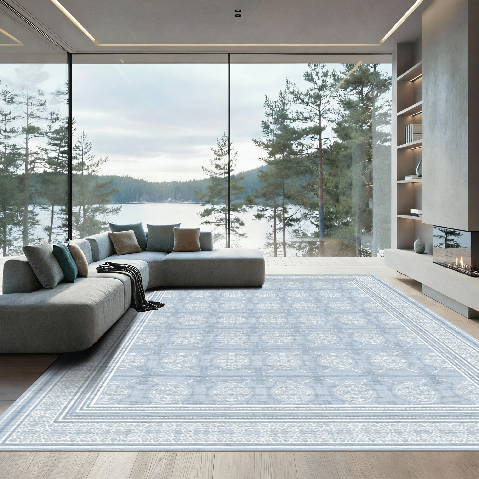 Pale Blue Ornate Ceramic Medallion Rug