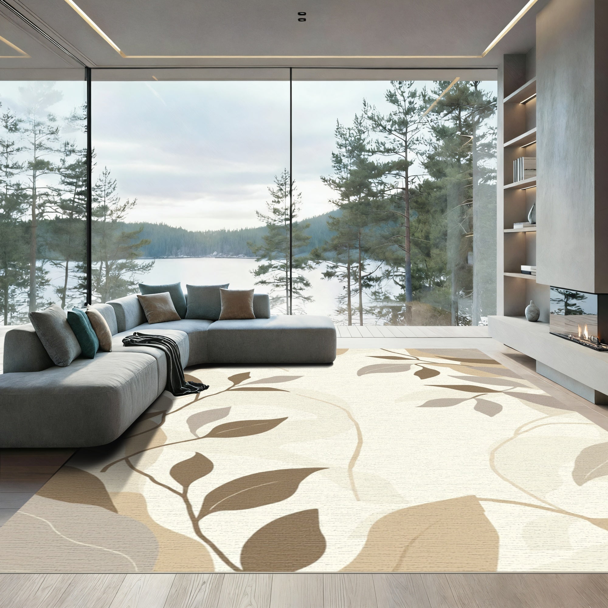 Earthy Tone Abstract Leaf Branches Rug