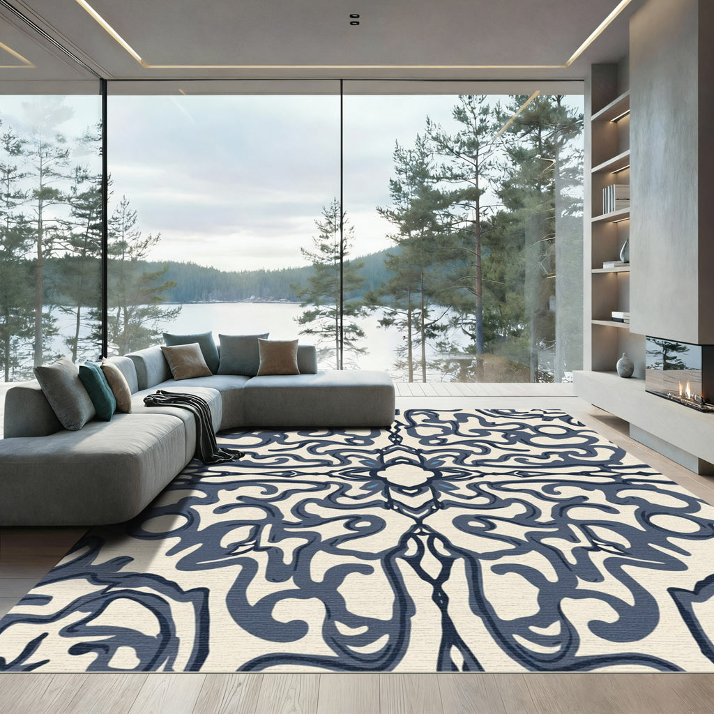 Navy Ivory Ornate Scroll Rug