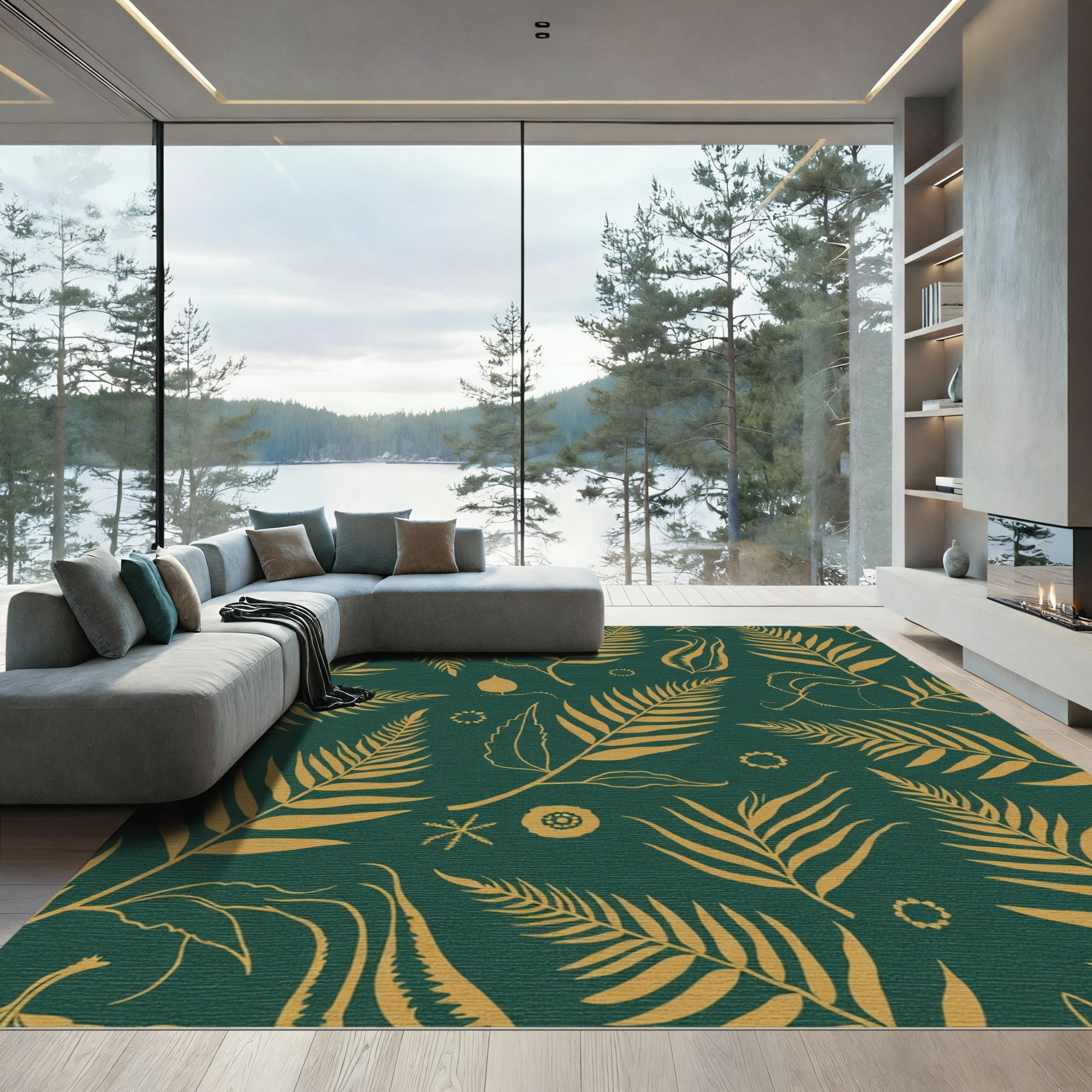 Golden Fern Leaves Botanical Emerald Rug