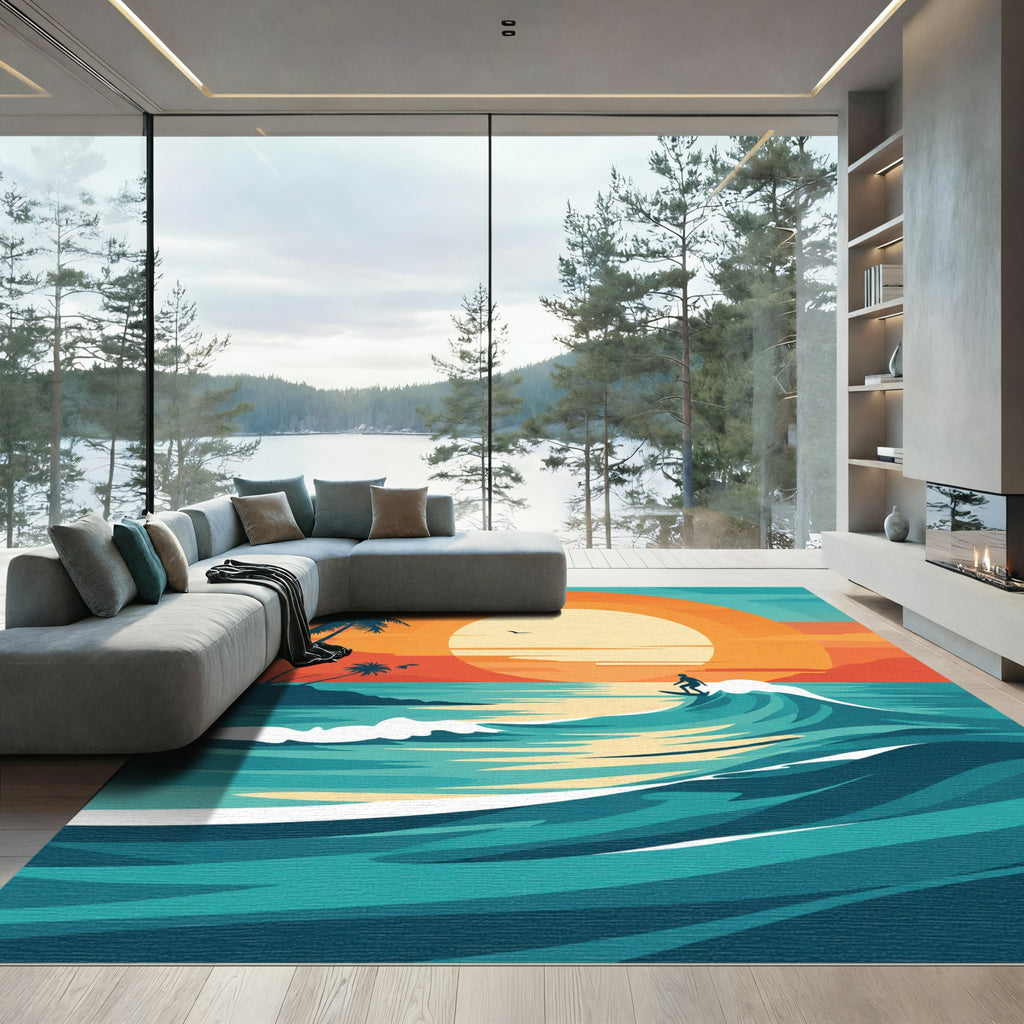 Tropical Sunset Surfer Wave Rug
