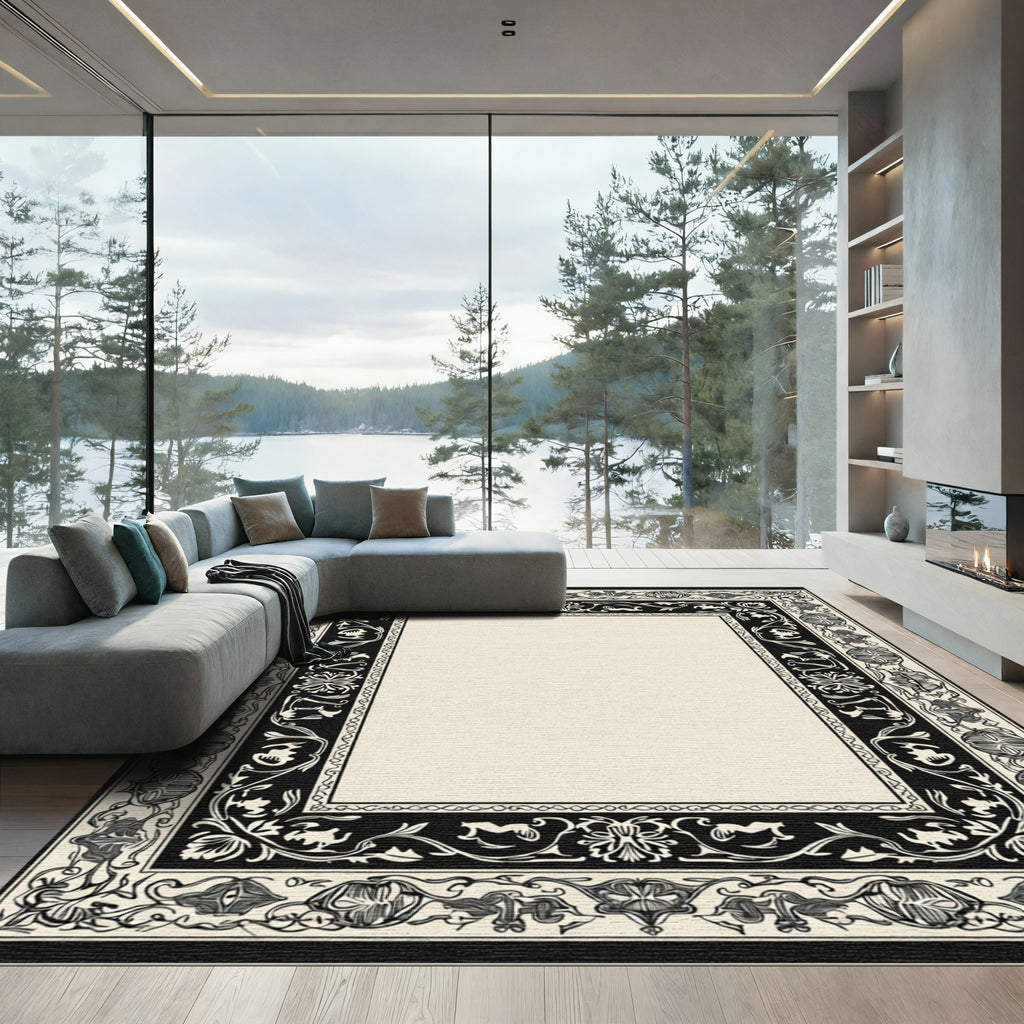 Ornate Black Cream Floral Scroll Border Rug