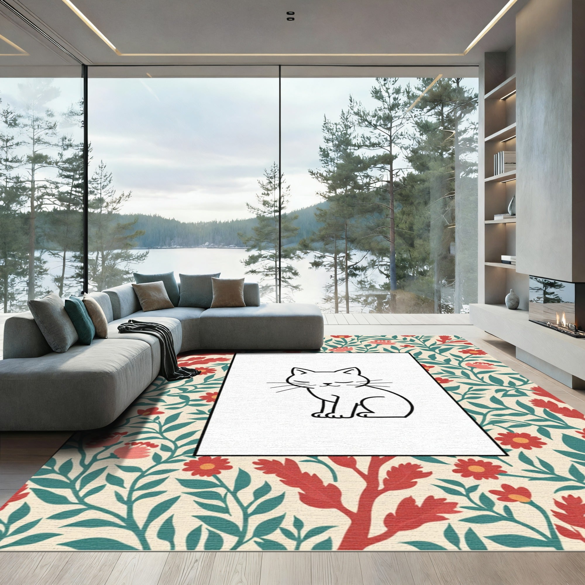 Cream Botanical Kitty Frame Rug