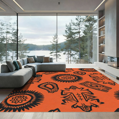 Bold Black Tribal Sunburst Orange Rug