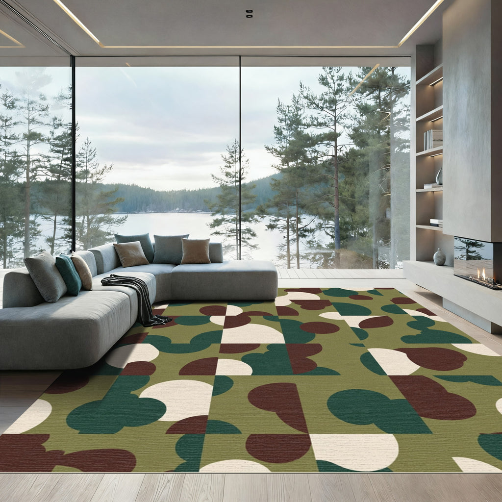 Olive Brown Cream Round Square Collage Rug