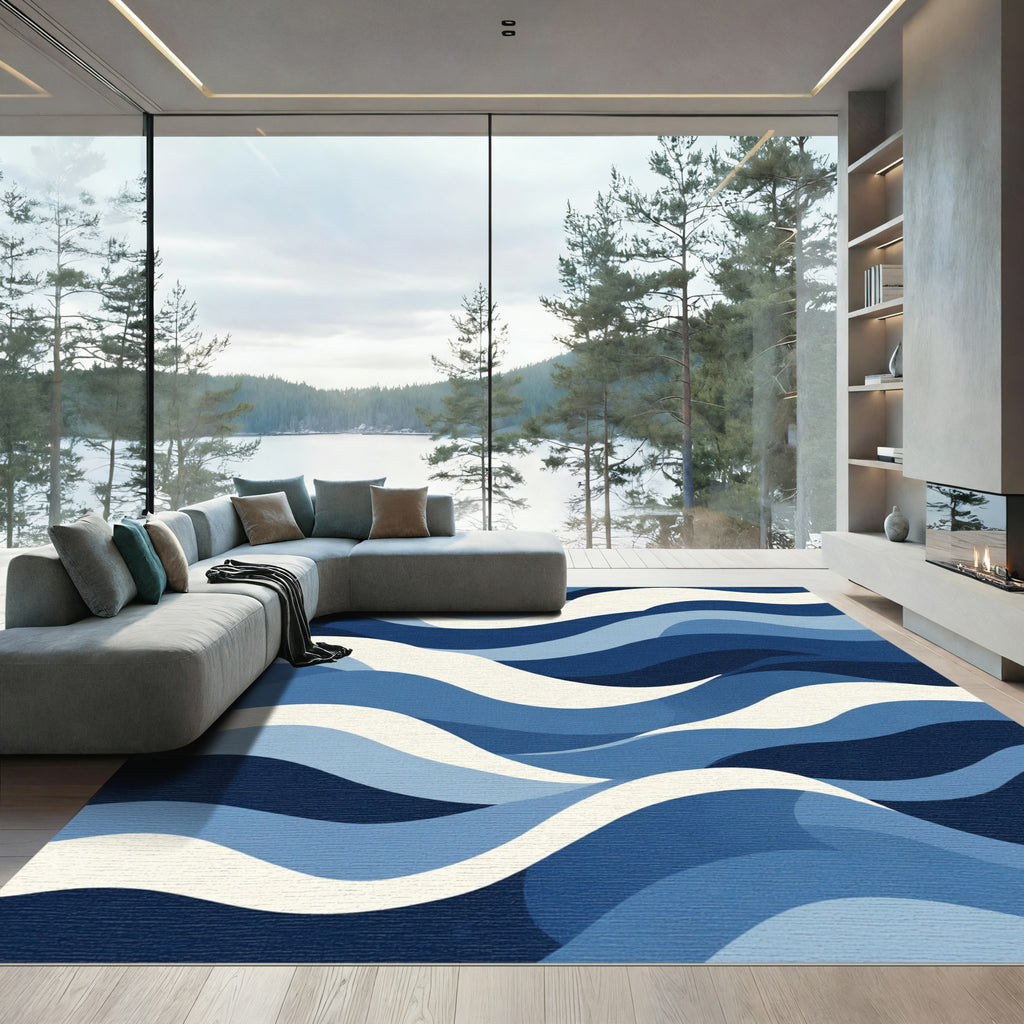 Deep Blue Ocean Waves Abstract Rug