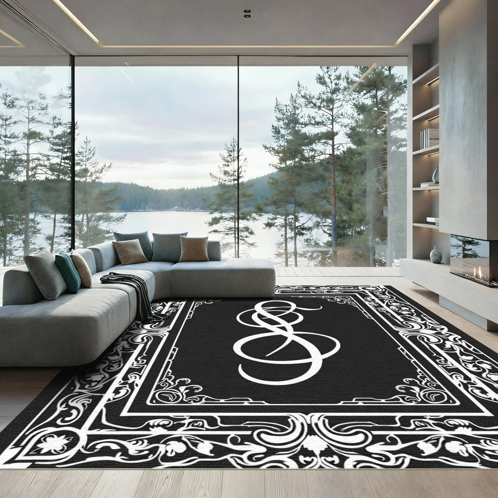 Classic Black White Ornate Scroll Rug