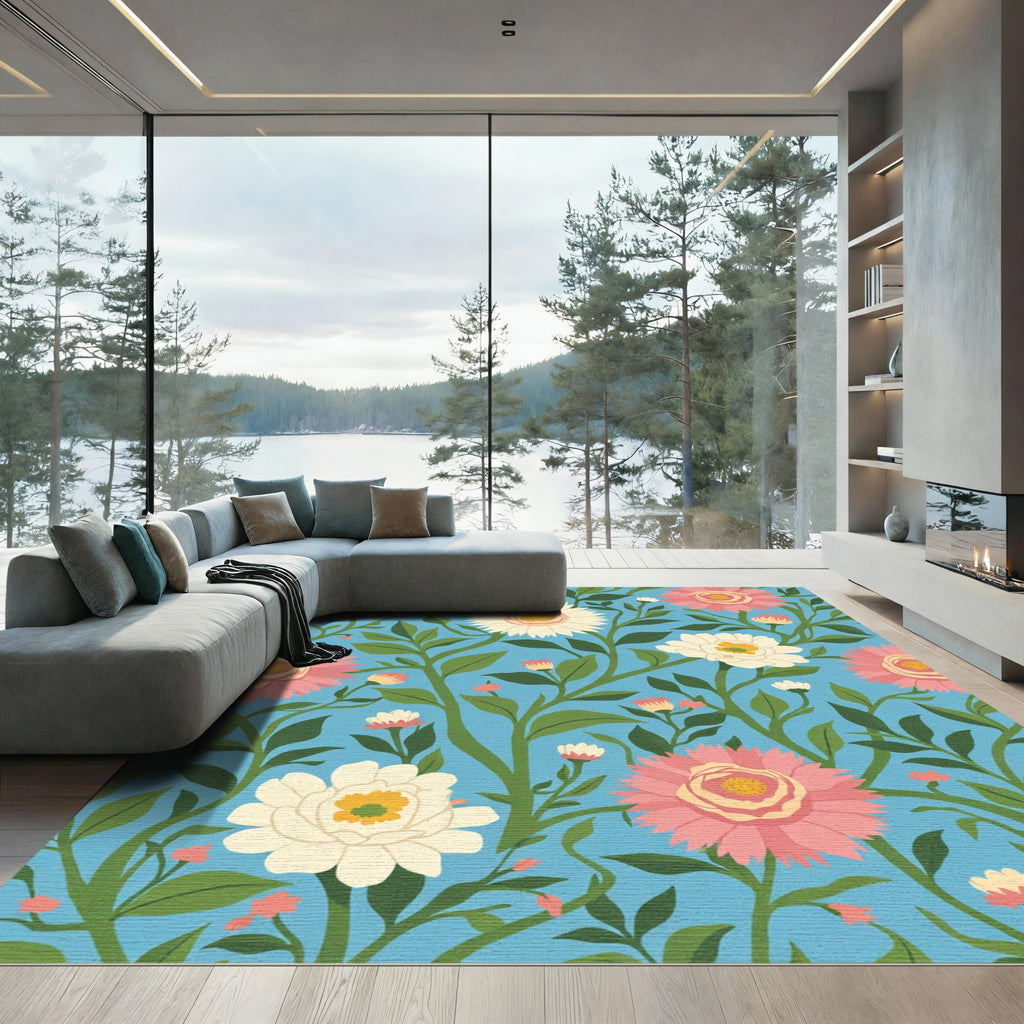 Pink White Floral Garden Blue Background Rug