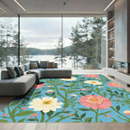 Pink White Floral Garden Blue Background Rug