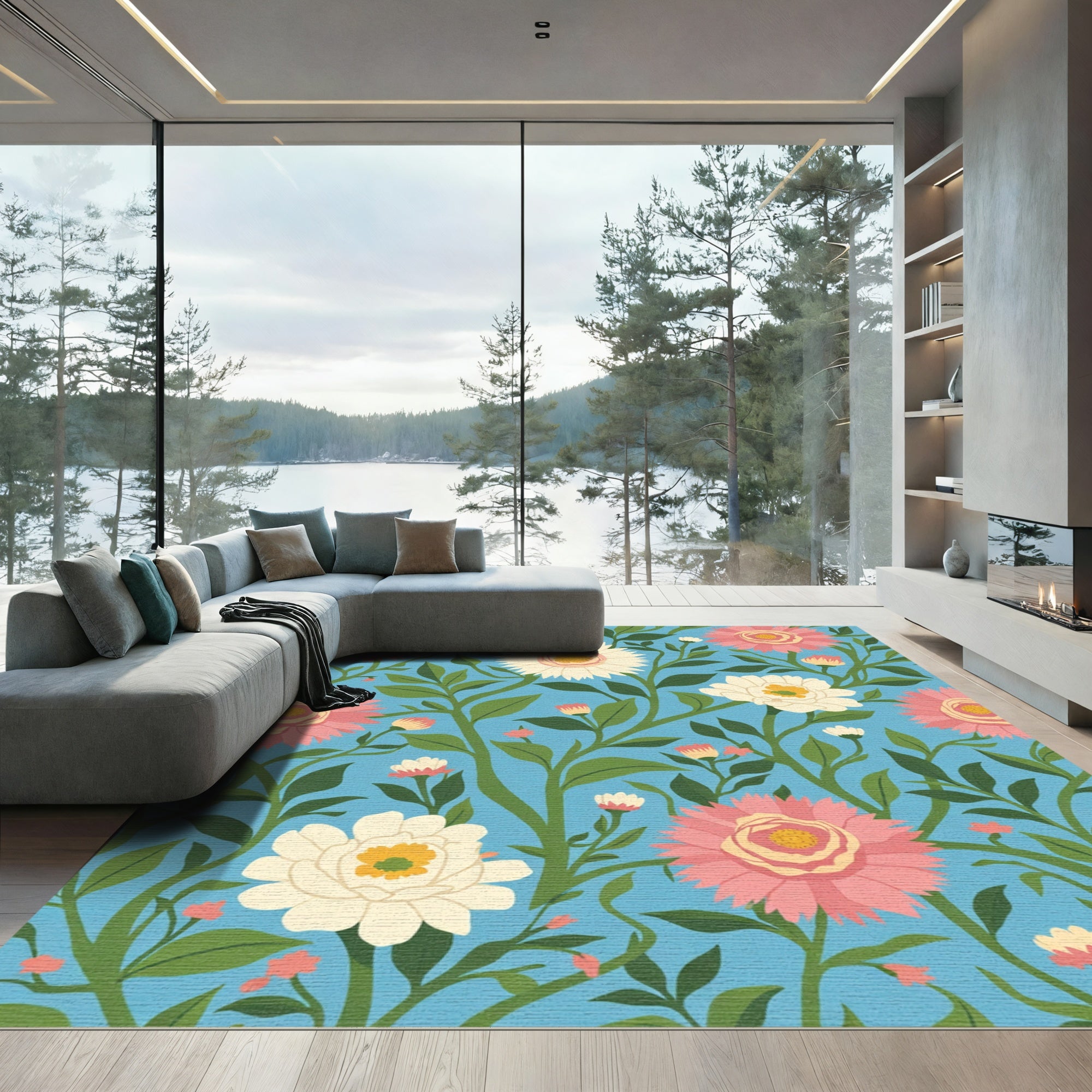 Pink White Floral Garden Blue Background Rug