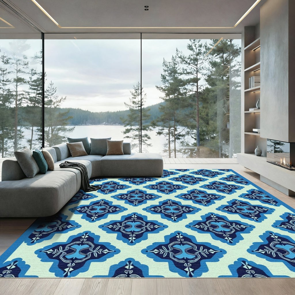 Dark Blue Geometric Tile Rug
