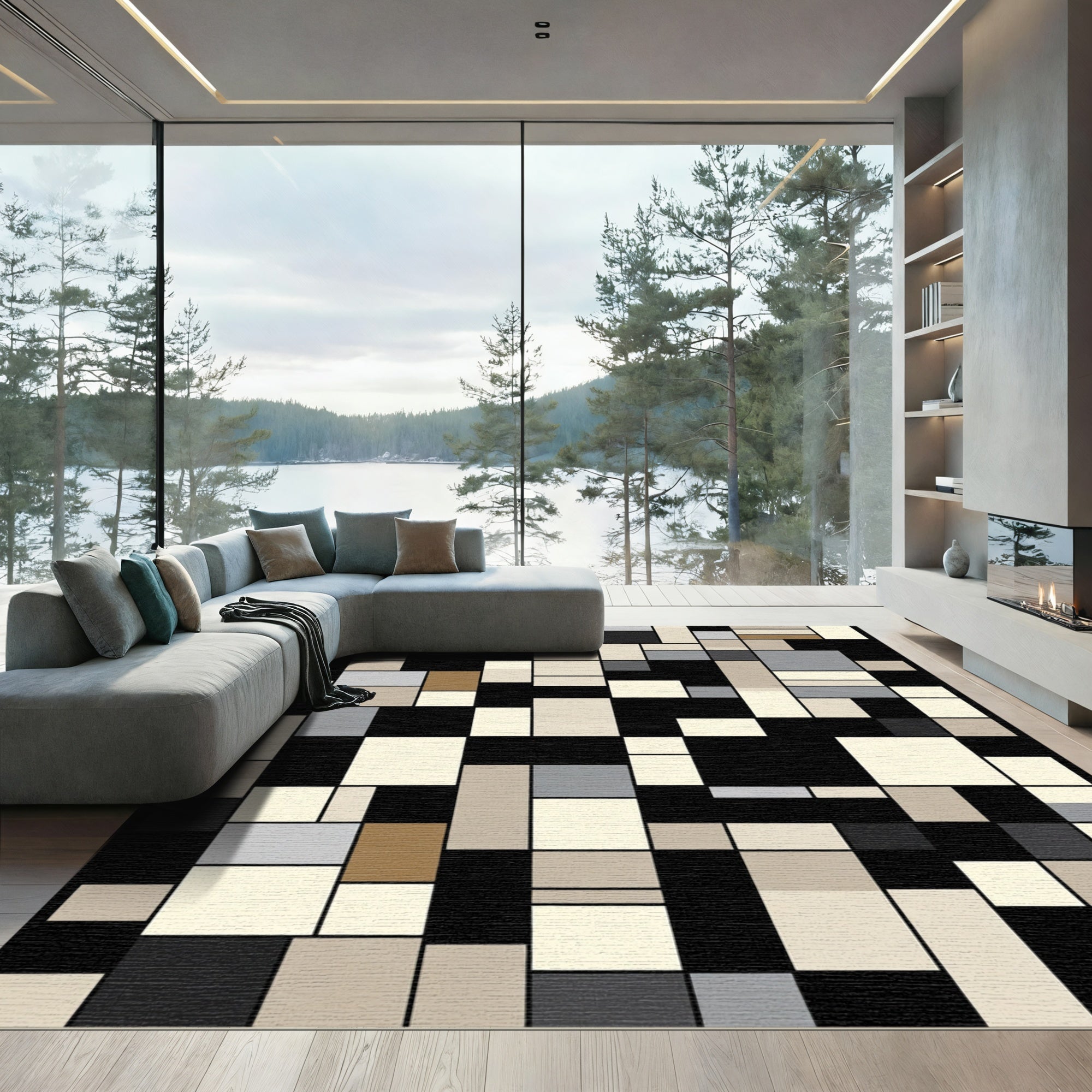 Geometric Block Inlay Neutral Palette Rug