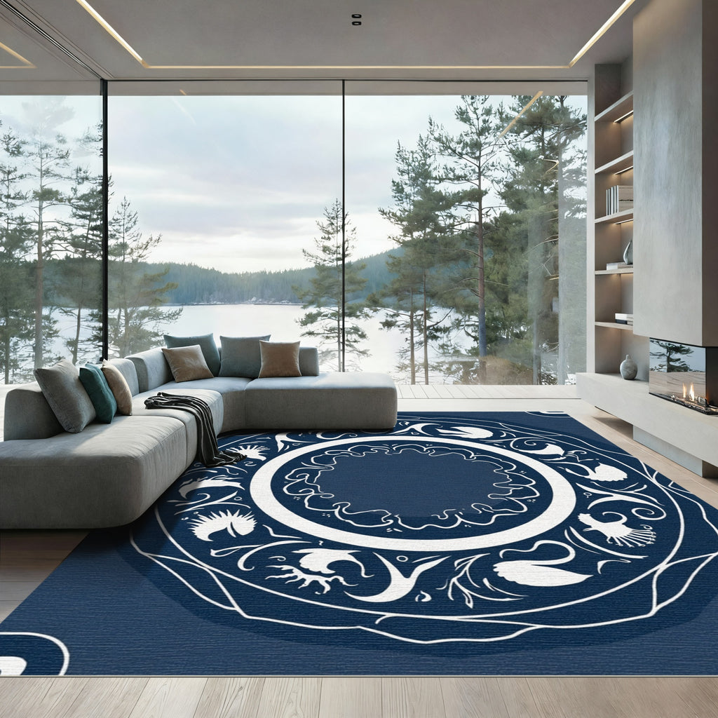 Deep Blue Swan Floral Mandala Rug