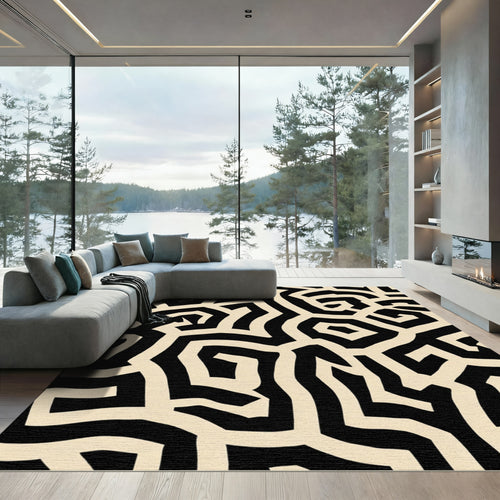 Bold Black Cream Labyrinth Rug