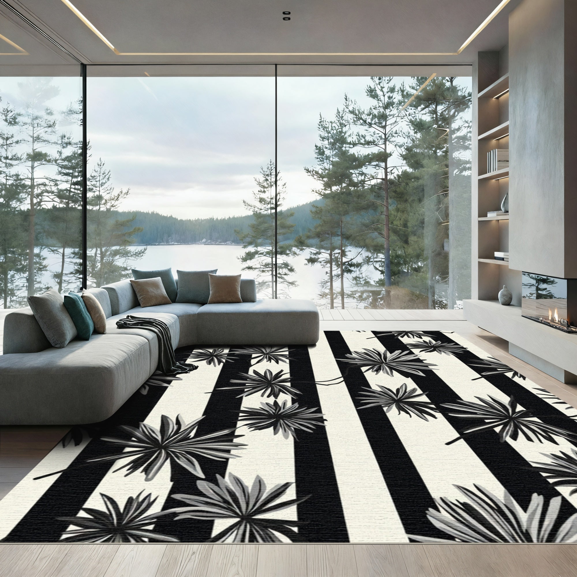 Monochrome Palm Frond Vertical Stripe Rug