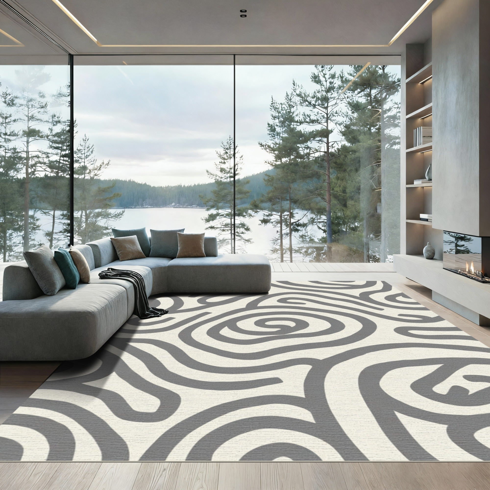 Minimalist Gray Swirls Cream Rug