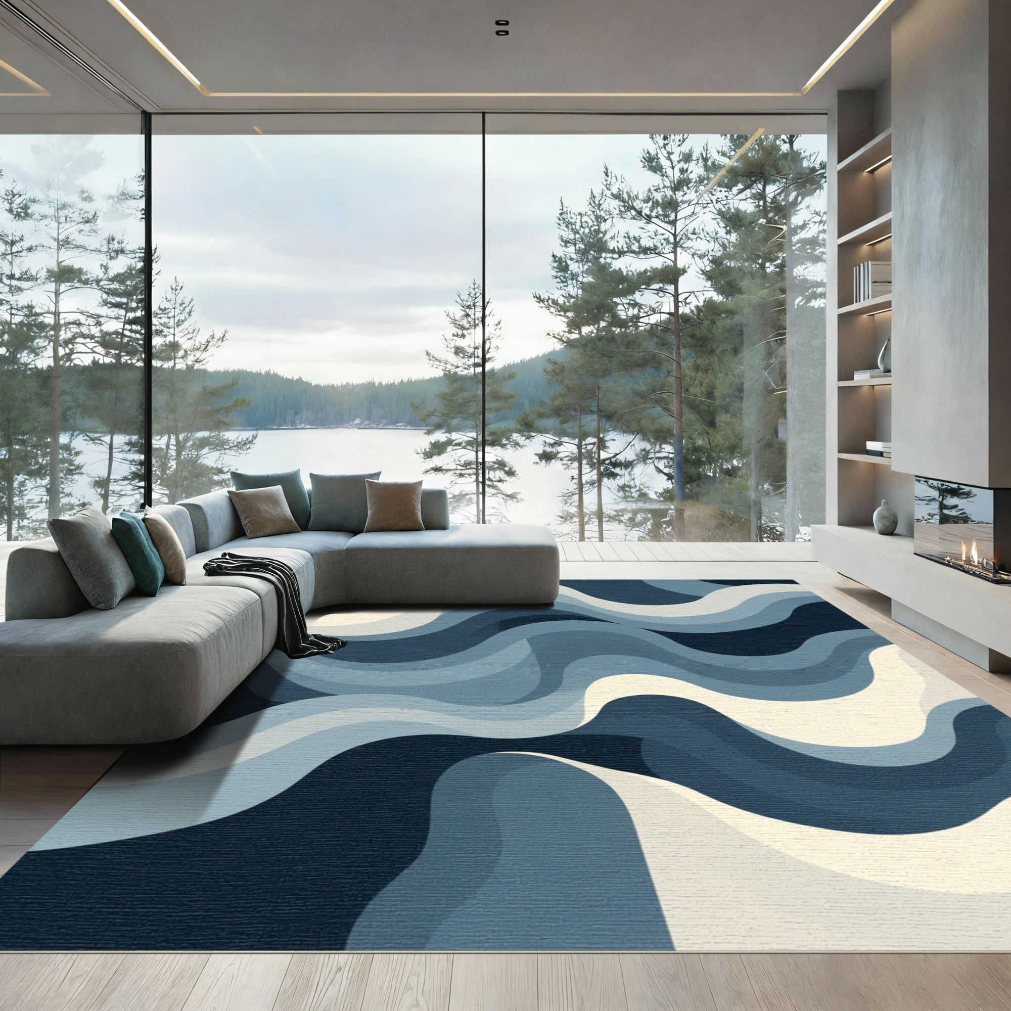 Oceanic Blue Wavy Stripe Rug