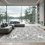 Gray White Abstract Floral Scroll Border Rug