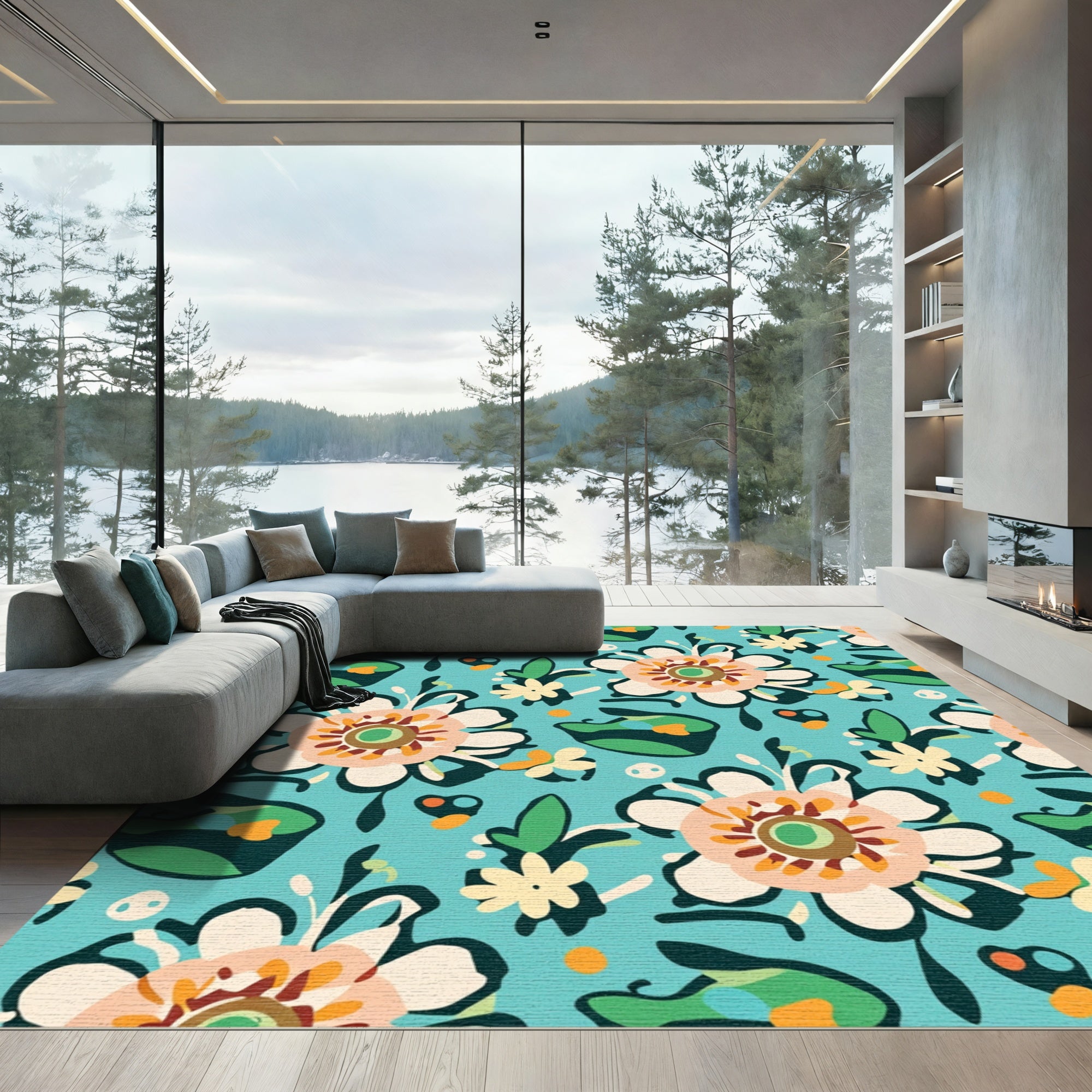 Turquoise Floral Whimsical Garden Medallion Rug