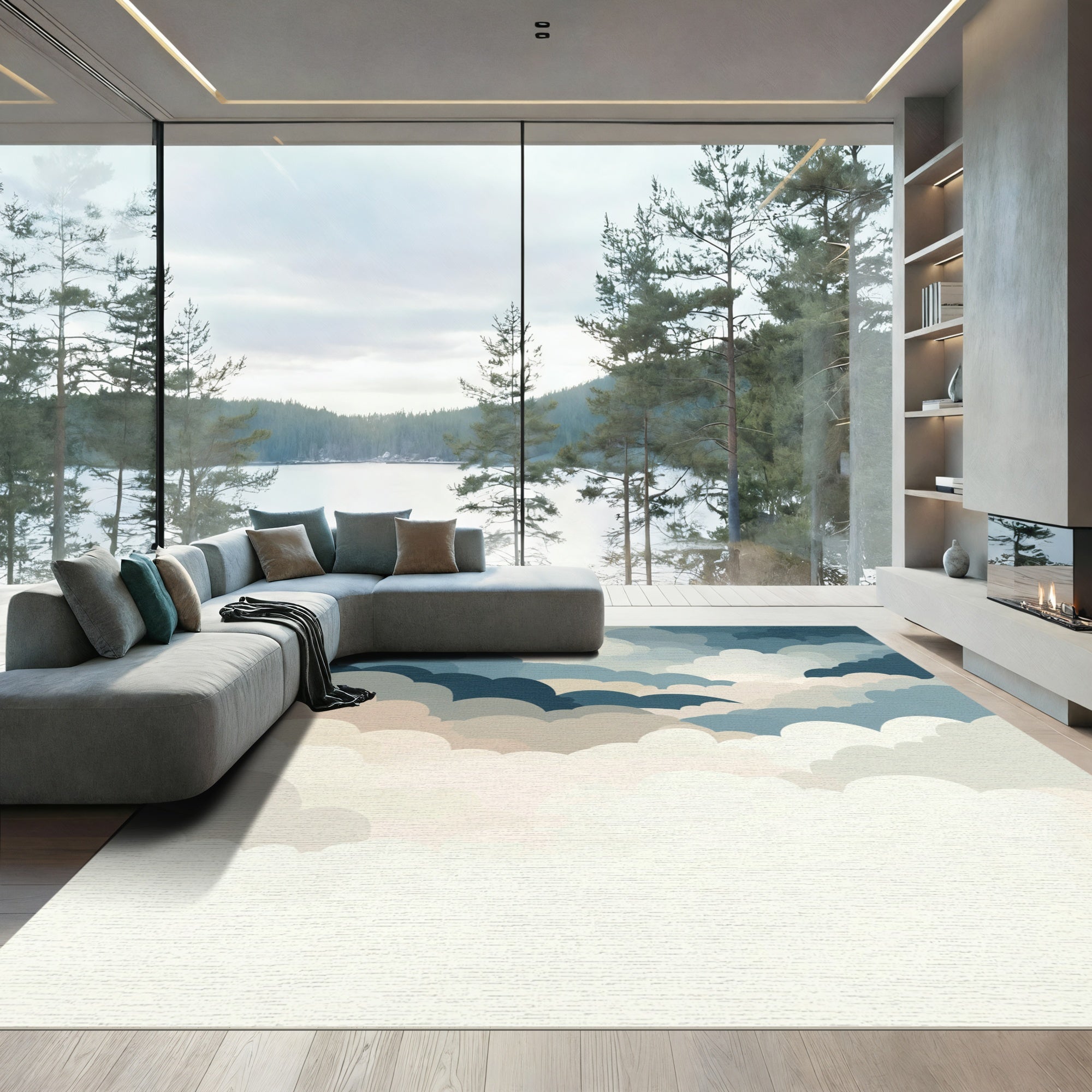 Misty Blue Cloudscape Abstract Rug