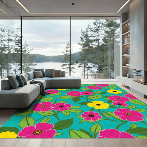 Bright Pink Yellow Floral Vine Rug
