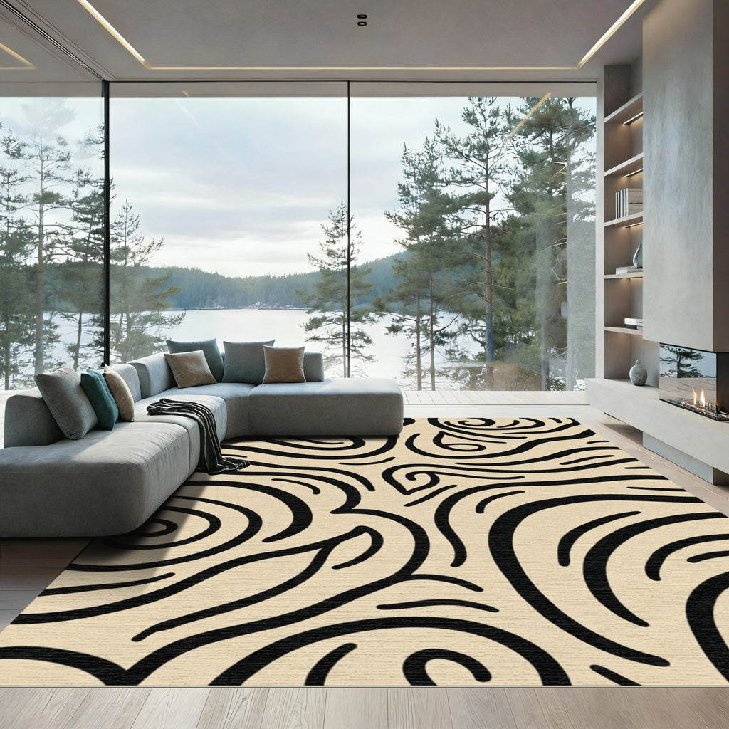 Cream Black Swirling Abstract Lines Rug