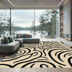 Cream Black Swirling Abstract Lines Rug