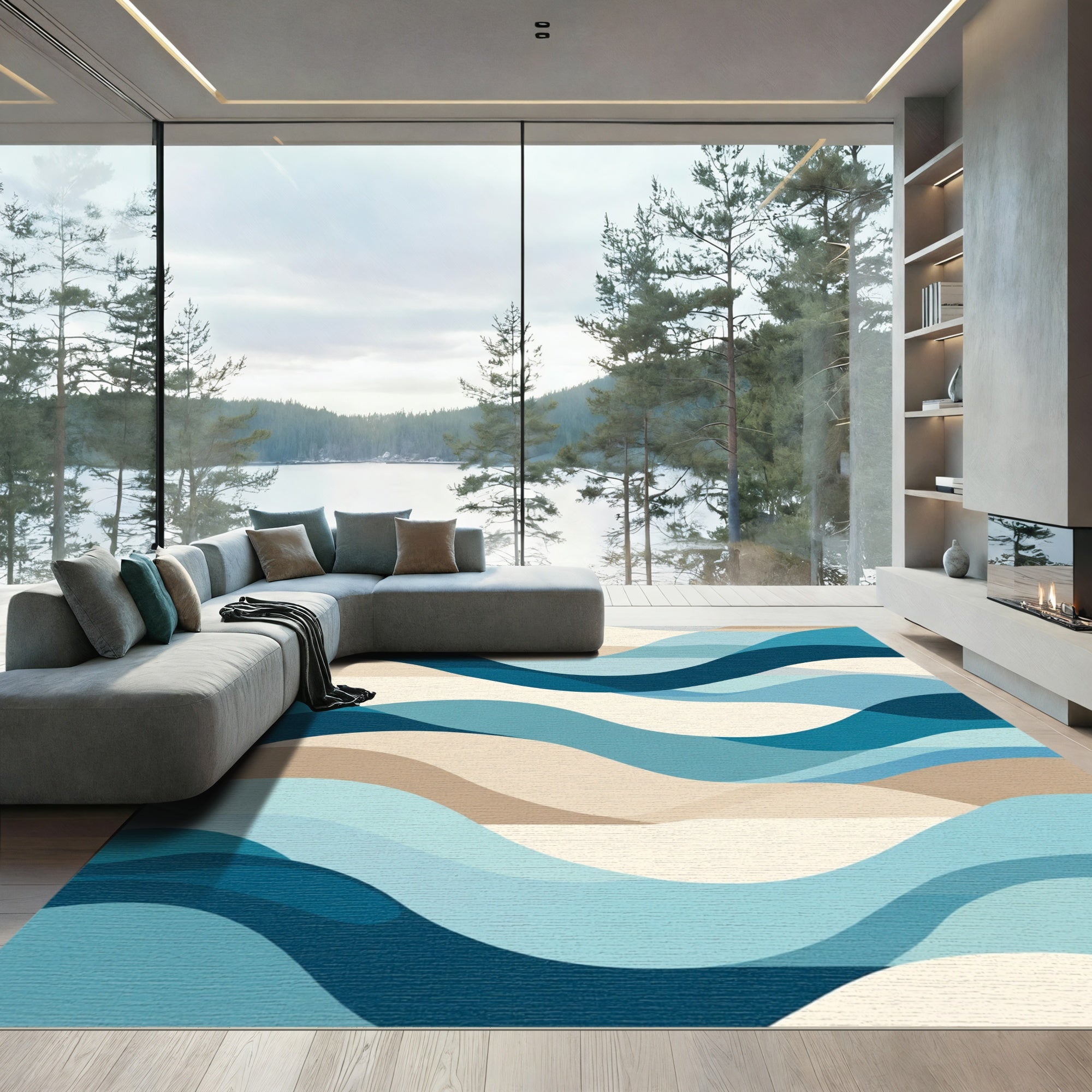 Oceanic Blue Tan Wave Layers Rug