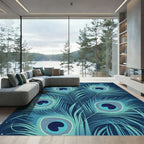 Deep Blue Peacock Feather Arrangement Rug