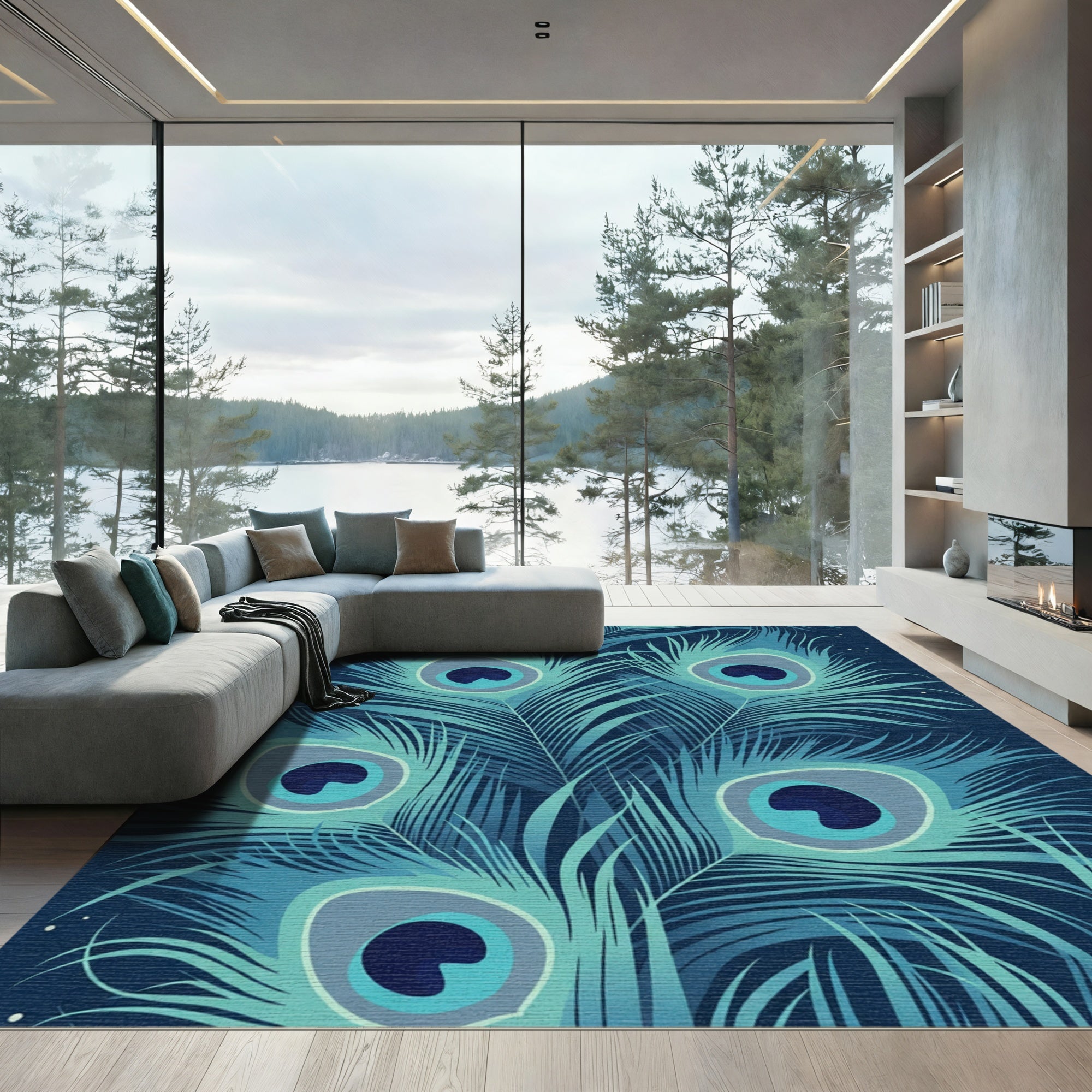 Deep Blue Peacock Feather Arrangement Rug