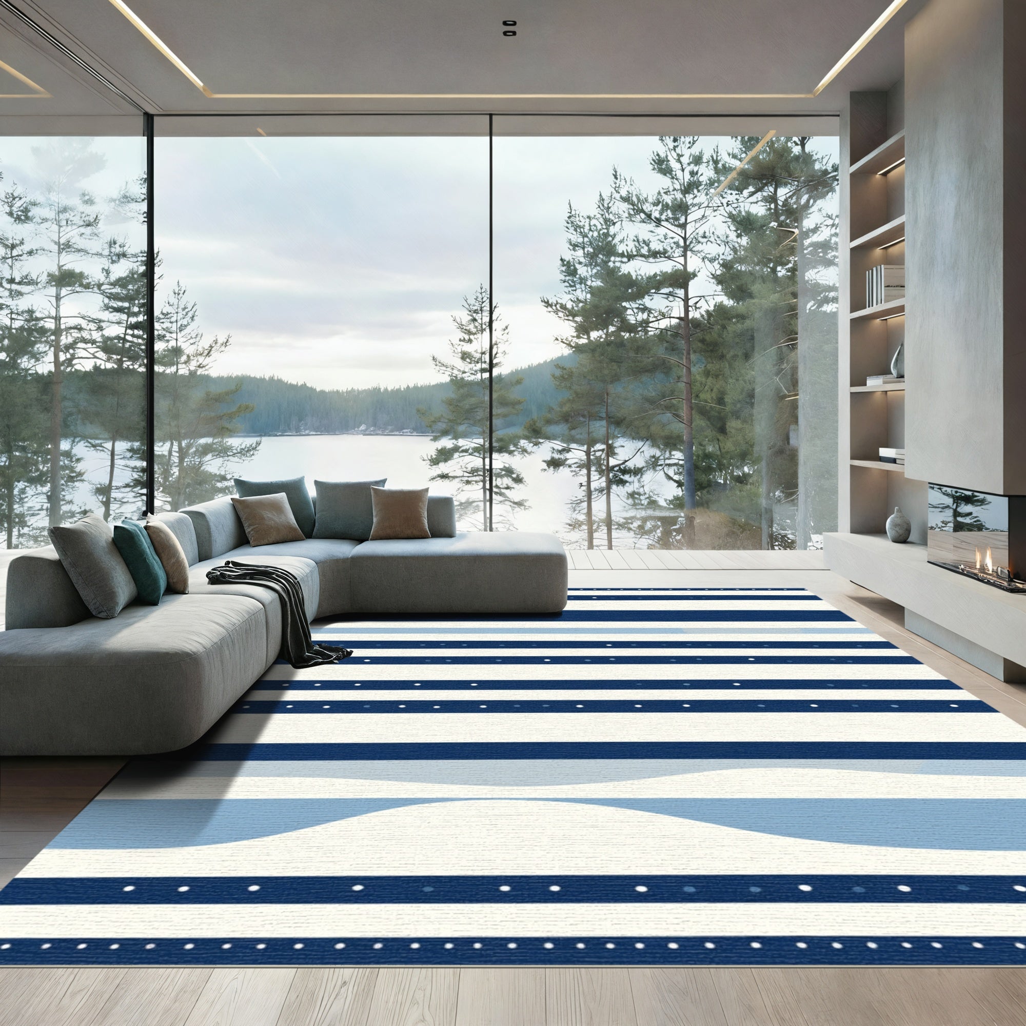 Navy Blue White Striped Wave Rug