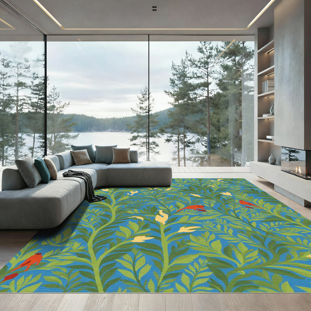 Crimson Birds Lush Greenery Blue Sky Rug