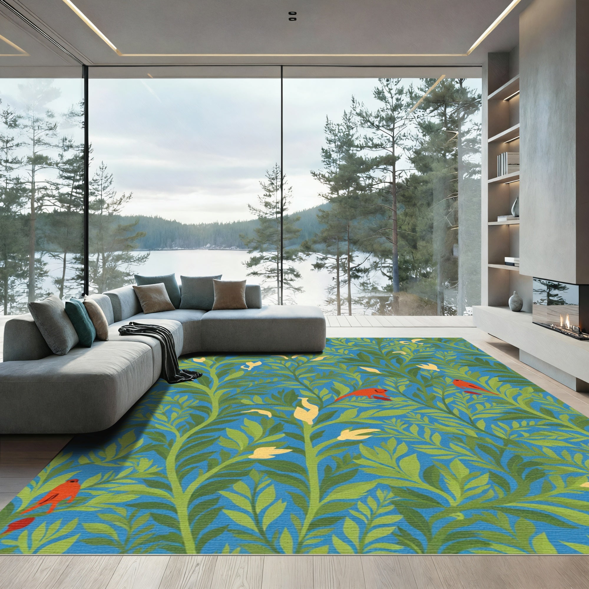 Crimson Birds Lush Greenery Blue Sky Rug