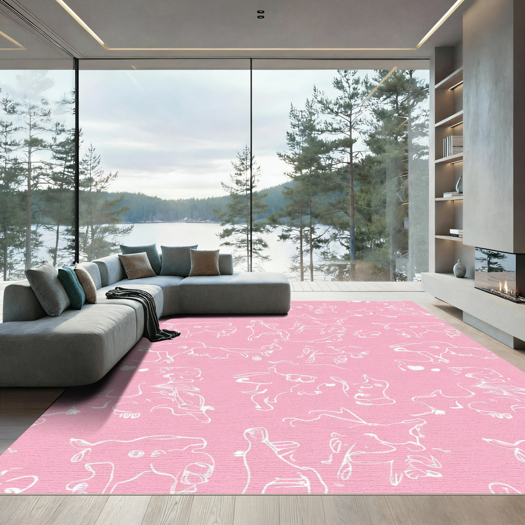 Pink Abstract Line Drawing Figures Rug