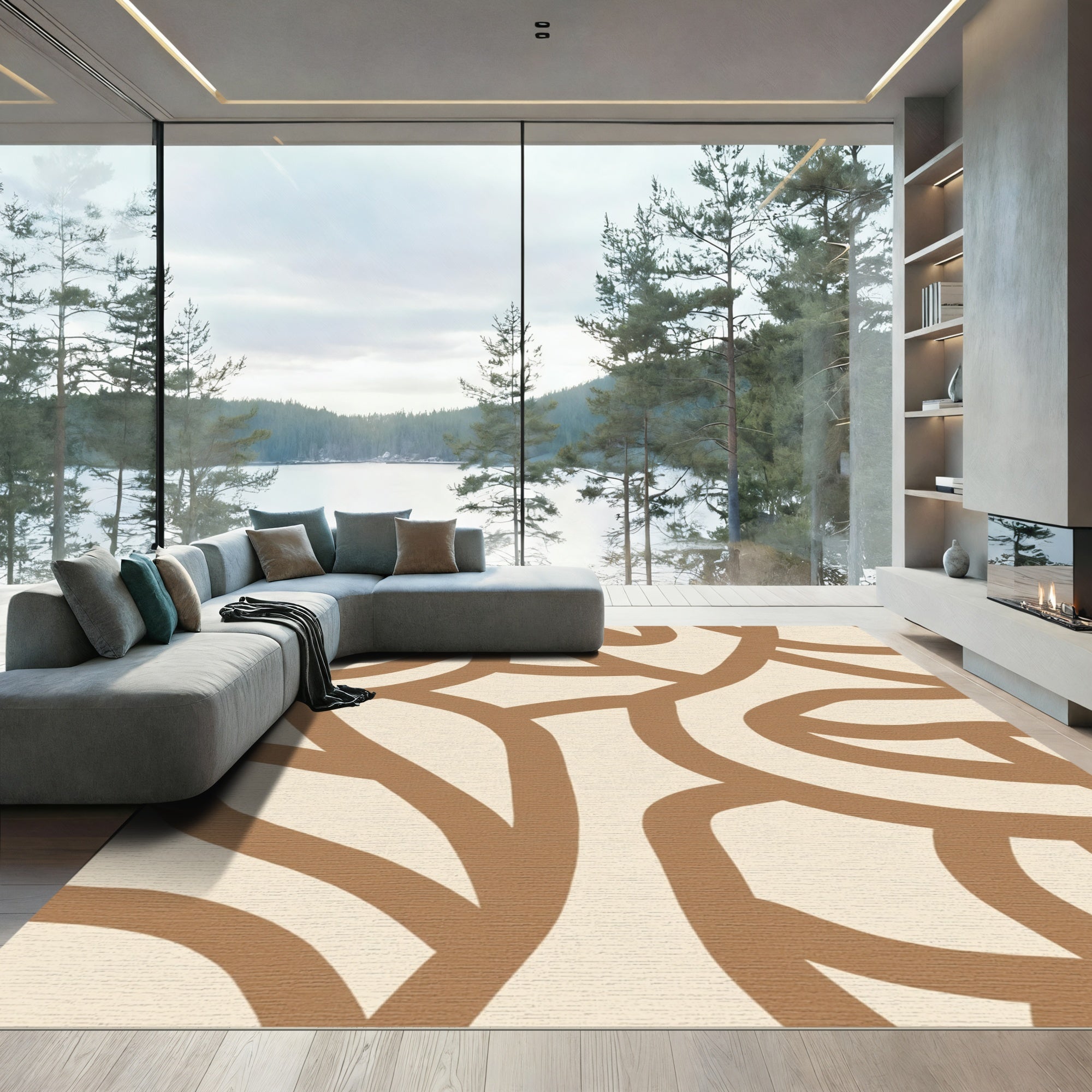 Abstract Tan Cream Organic Waves Rug