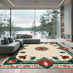 Crimson Teal Bordered Medallion Rug
