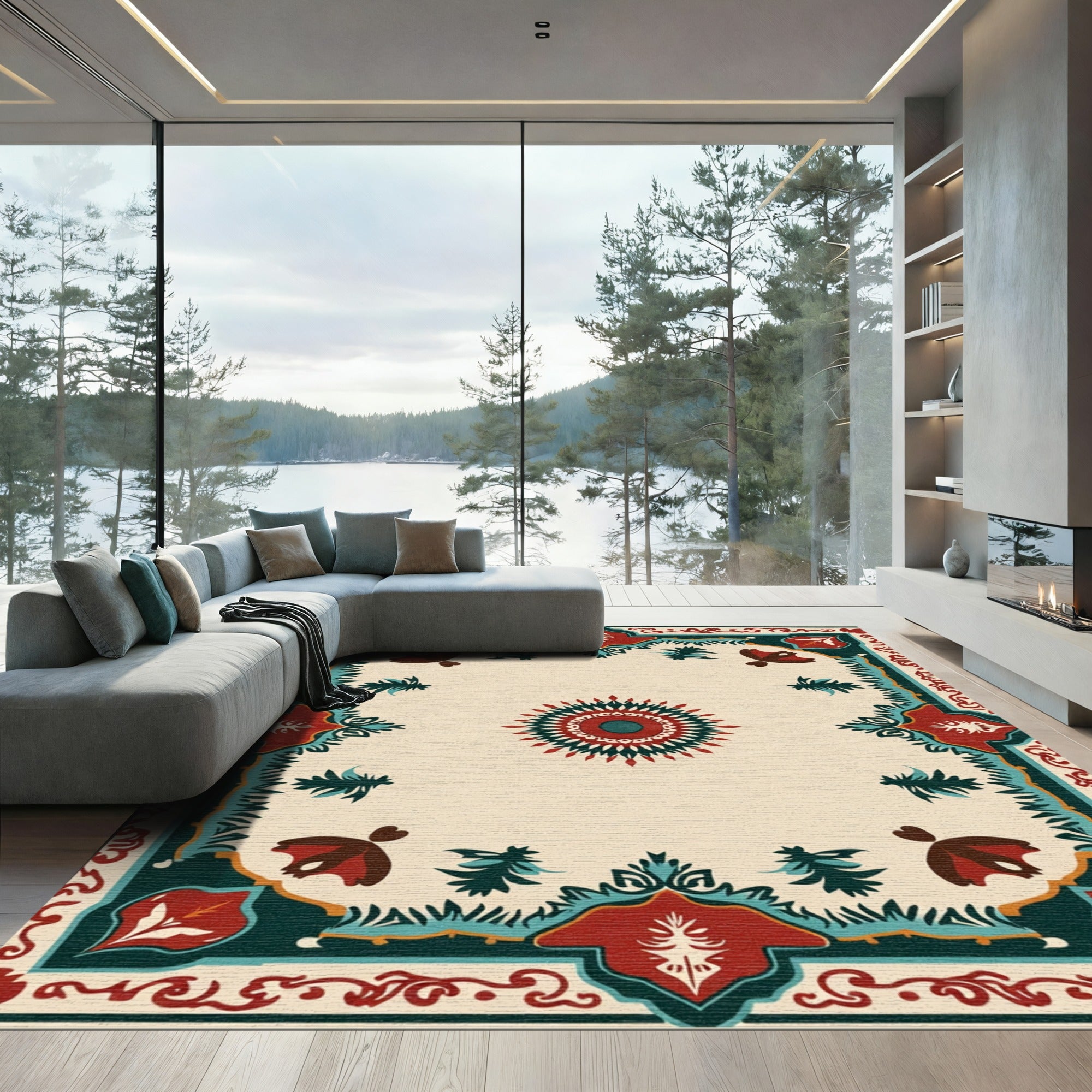 Crimson Teal Bordered Medallion Rug