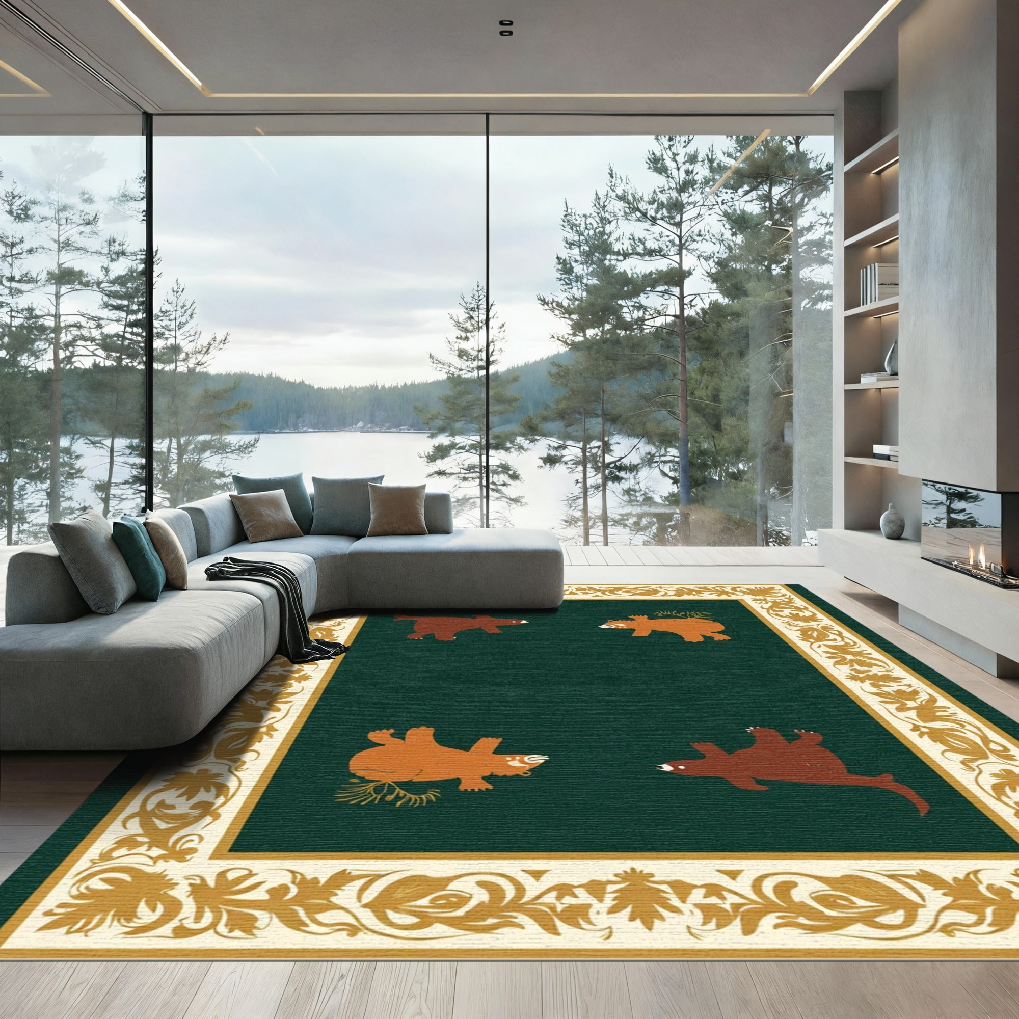 Green Bear Woodland Animal Border Rug