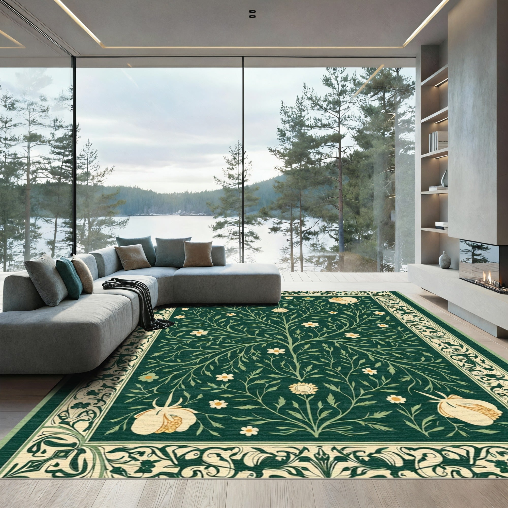 Green Floral Tree Border Rug