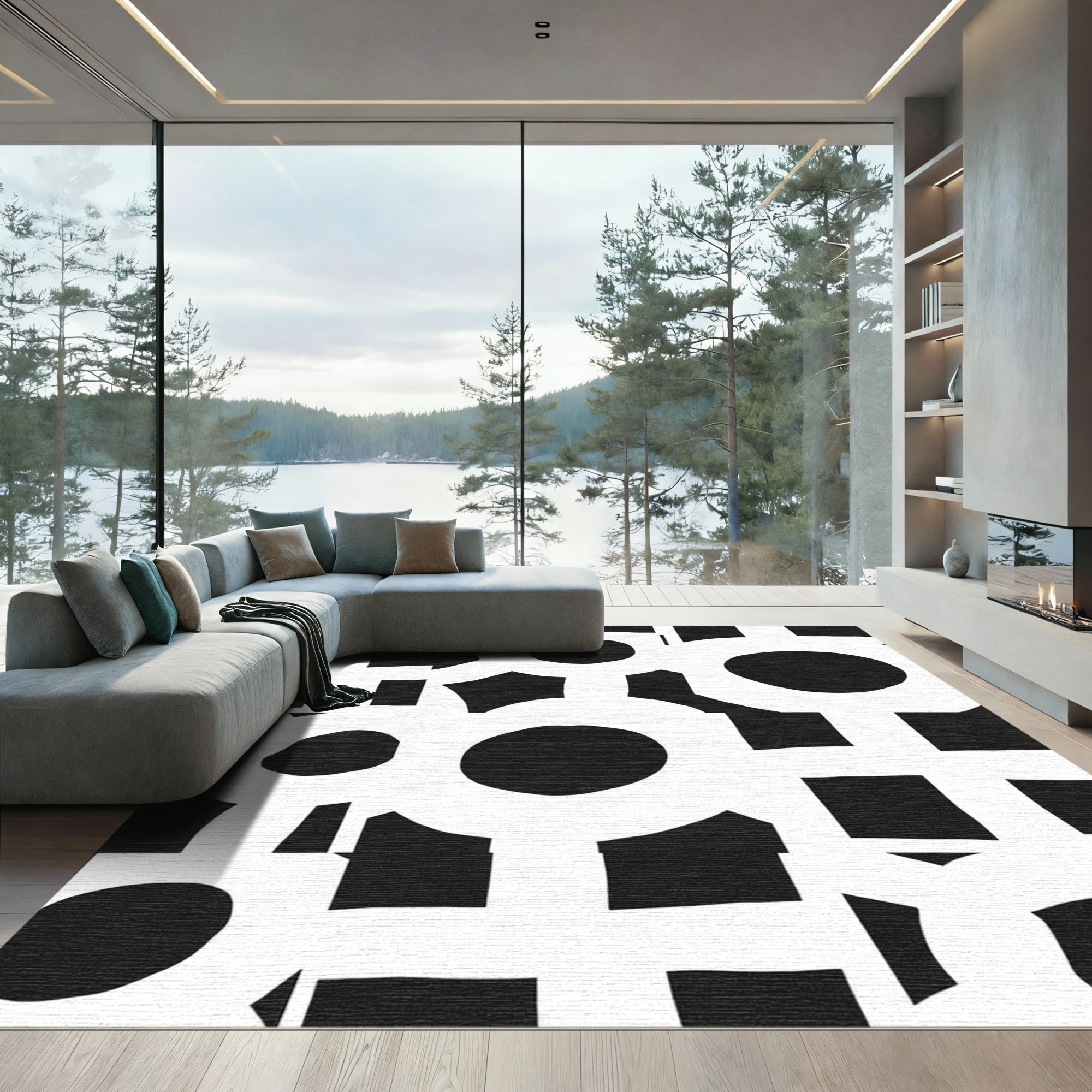 Monochrome Abstract Circle Square Connection Rug